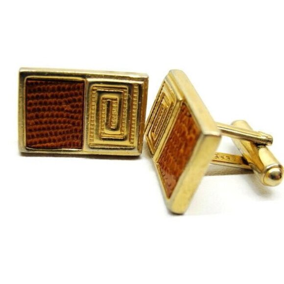 Gold Tone Cufflinks Lizard Leather Inserts Speidel Vintage Cuff Links Tux Shirt - Picture 1 of 11